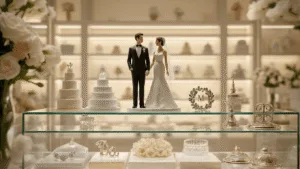 A professional showroom display of luxury wedding cake toppers featuring porcelain figurines, metallic monograms, and acrylic designs, illuminated by soft ambient lighting on glass shelves against a cream-colored backdrop.