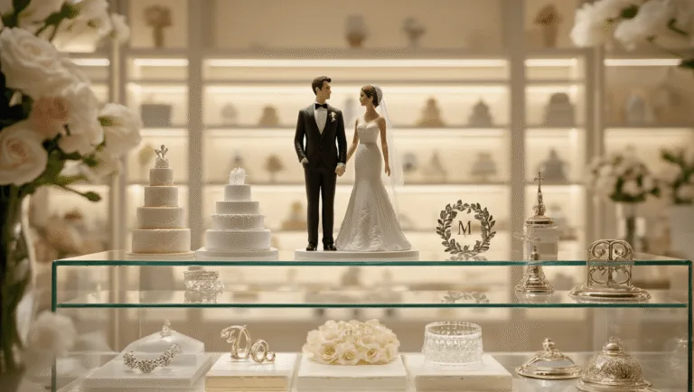 A professional showroom display of luxury wedding cake toppers featuring porcelain figurines, metallic monograms, and acrylic designs, illuminated by soft ambient lighting on glass shelves against a cream-colored backdrop.