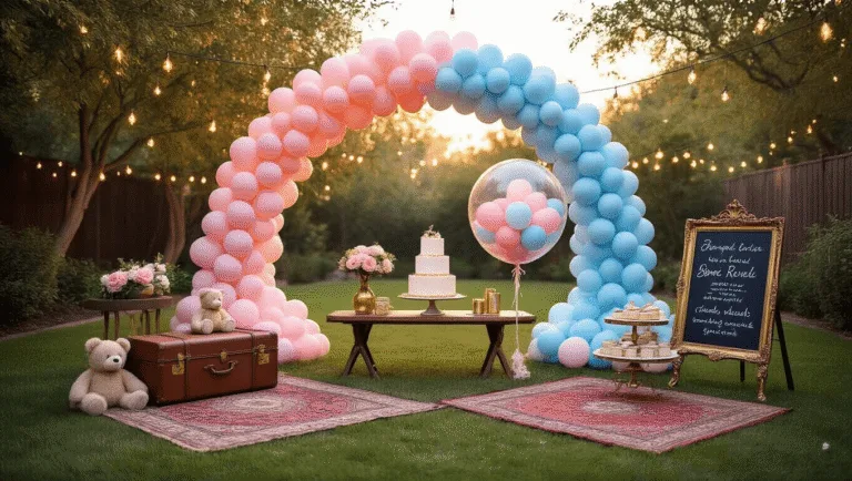 A whimsical backyard gender reveal party setup at golden hour, featuring a grand ombre balloon arch, vintage rugs, low wooden tables with brass accents, fairy lights overhead, a large transparent reveal balloon filled with pink and blue balloons, antique suitcases with teddy bears, chalkboards with handwritten messages, and an elegant dessert cart with a gradient pink and blue fondant cake.
