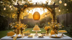 Magical Gender Reveal Decor: Creating Unforgettable Moments of Anticipation A sun-drenched backyard gender reveal party setup featuring honeycomb-patterned tablescapes, suspended edison bulb lights, a beehive-shaped piñata, and a dessert table with geometric honeycomb cakes and striped macarons, all illuminated with warm golden light.