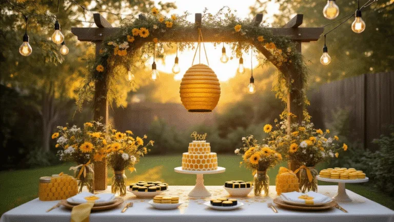 A sun-drenched backyard gender reveal party setup featuring honeycomb-patterned tablescapes, suspended edison bulb lights, a beehive-shaped piñata, and a dessert table with geometric honeycomb cakes and striped macarons, all illuminated with warm golden light.