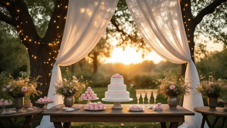 A whimsical garden gender reveal party at golden hour with sheer white drapes, fairy lights, a rustic table featuring a tiered white cake, blush pink macarons, and vintage champagne glasses, surrounded by wildflower centerpieces and guests in formal attire.
