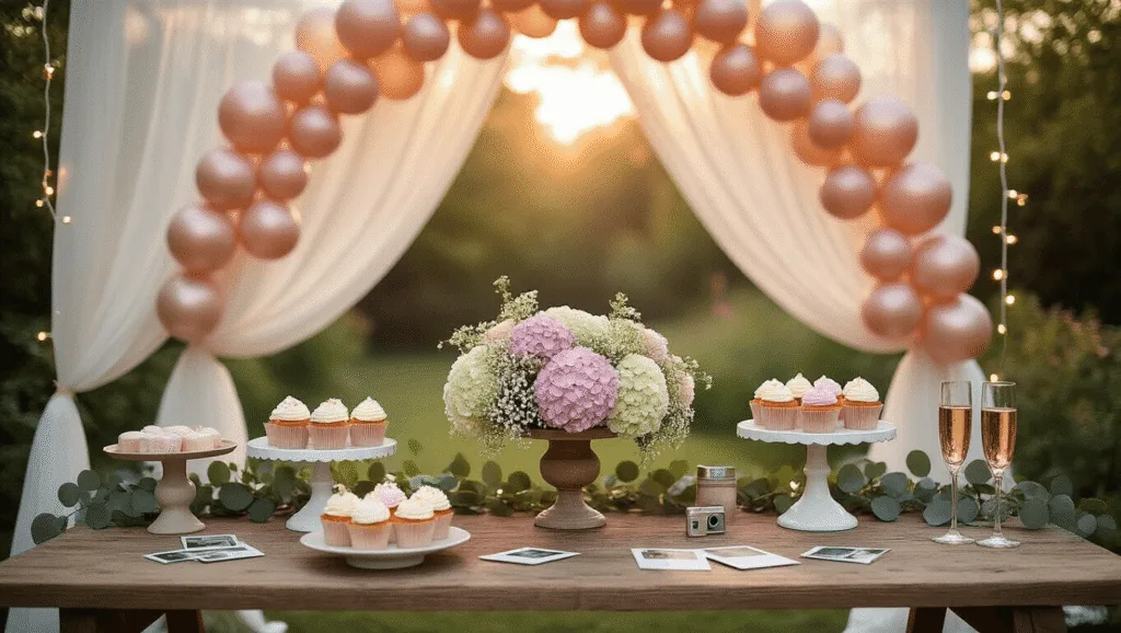 A dreamy garden party setup for a gender reveal celebration, featuring a rustic wooden table adorned with pastel hydrangeas and eucalyptus, frosted cupcakes, rose gold balloon arches, polaroid cameras, and champagne flutes, all bathed in soft golden hour light.