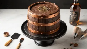 Ultimate Men's Birthday Cake Guide: From Classic to Crazy Cool A hyper-realistic whiskey barrel cake on a black rotating stand, featuring intricate woodgrain fondant and metallic copper rings, surrounded by decorating tools and scattered edible metallic powder, captured in soft lighting with a shallow depth of field.
