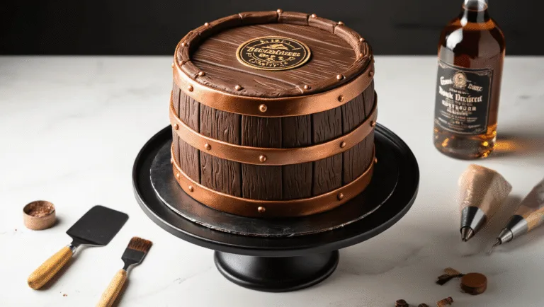 A hyper-realistic whiskey barrel cake on a black rotating stand, featuring intricate woodgrain fondant and metallic copper rings, surrounded by decorating tools and scattered edible metallic powder, captured in soft lighting with a shallow depth of field.