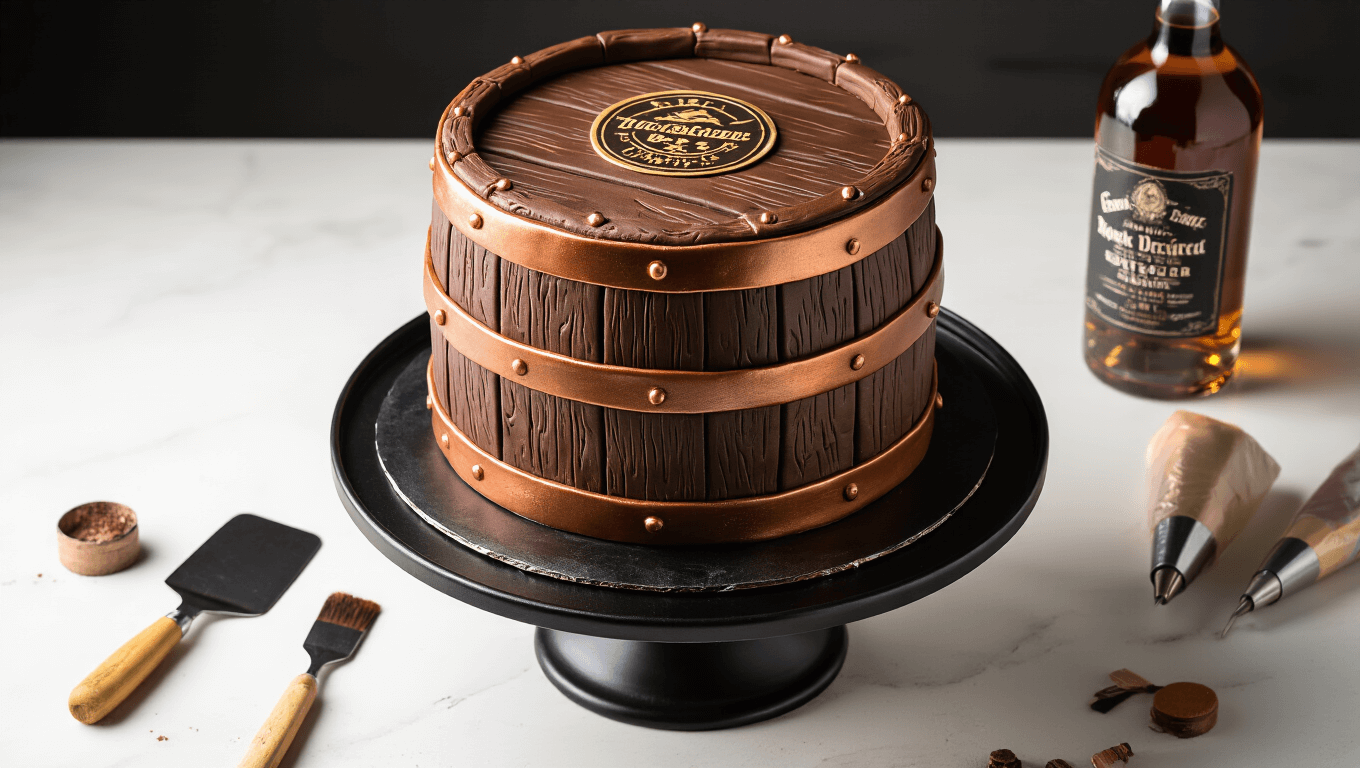 A hyper-realistic whiskey barrel cake on a black rotating stand, featuring intricate woodgrain fondant and metallic copper rings, surrounded by decorating tools and scattered edible metallic powder, captured in soft lighting with a shallow depth of field.
