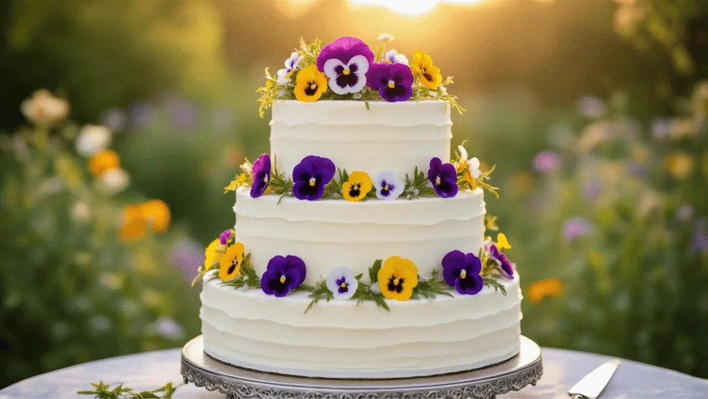 A three-tiered wedding cake adorned with edible wildflowers, displayed on a silver cake stand in a soft-focus garden during golden hour, highlighting its pristine buttercream frosting and intricate floral design.