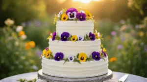A three-tiered wedding cake adorned with edible wildflowers, displayed on a silver cake stand in a soft-focus garden during golden hour, highlighting its pristine buttercream frosting and intricate floral design.