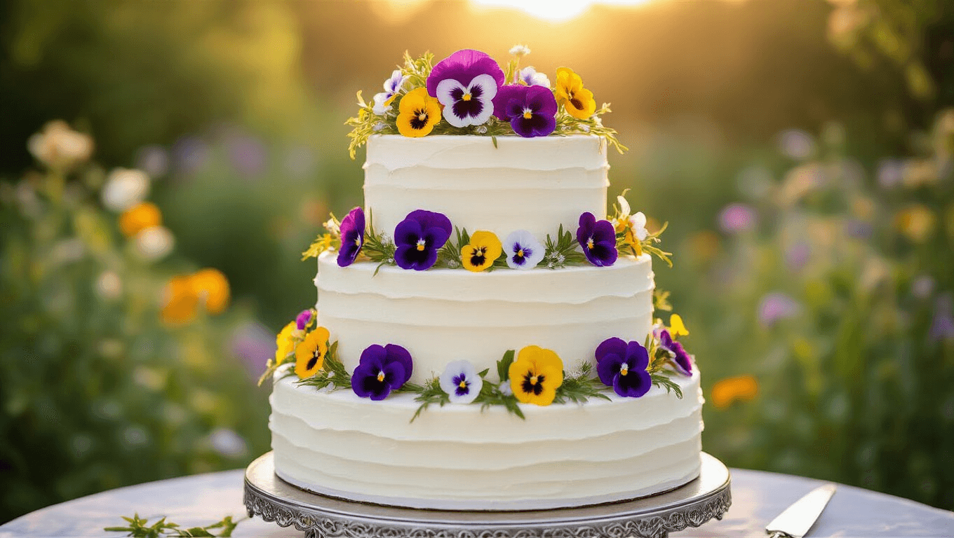 A three-tiered wedding cake adorned with edible wildflowers, displayed on a silver cake stand in a soft-focus garden during golden hour, highlighting its pristine buttercream frosting and intricate floral design.