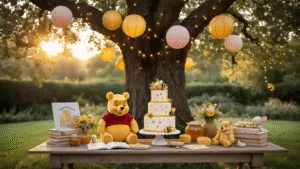 A dreamy garden party setting during golden hour featuring a grand oak tree with honey-gold lanterns and pastel balloons, a rustic wooden table adorned with Winnie the Pooh storybooks, honey pots filled with wildflowers, and plush toys. A statement dessert table showcases a 3-tier naked cake with honeycomb patterns, surrounded by softly glowing fairy lights. The warm sunlight filters through branches, creating a magical atmosphere with soft focus and muted colors.