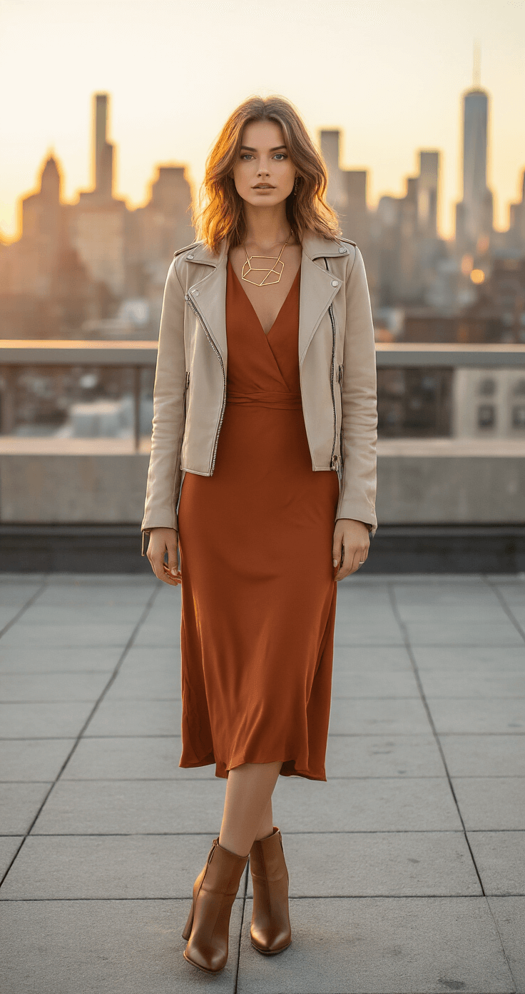 A model in a rust-colored heavy crepe tea-length dress, ankle boots, and a light leather jacket poses on a modern urban rooftop at sunset, with loose waves in her hair and geometric gold jewelry. The city skyline is visible in the background, bathed in warm autumn light, captured from street level.