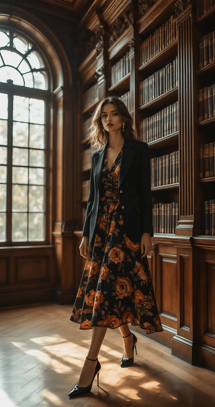 A cozy historic library with mahogany bookshelves and soft lighting from ornate windows. A subject in a dark floral midi dress with autumn tones and a black fitted blazer stands gracefully, complemented by patent leather pumps and vintage-inspired gold accessories, shot from a low angle to emphasize the sophisticated layering.