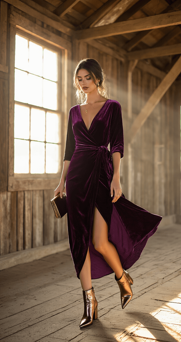 A model in a deep purple velvet wrap dress and metallic ankle boots walks gracefully through a rustic barn wedding setup, with exposed wooden beams and late afternoon light streaming through the windows, highlighting her movement and creating a subtle silhouette. She accessorizes with a vintage-inspired clutch and minimal gold jewelry.