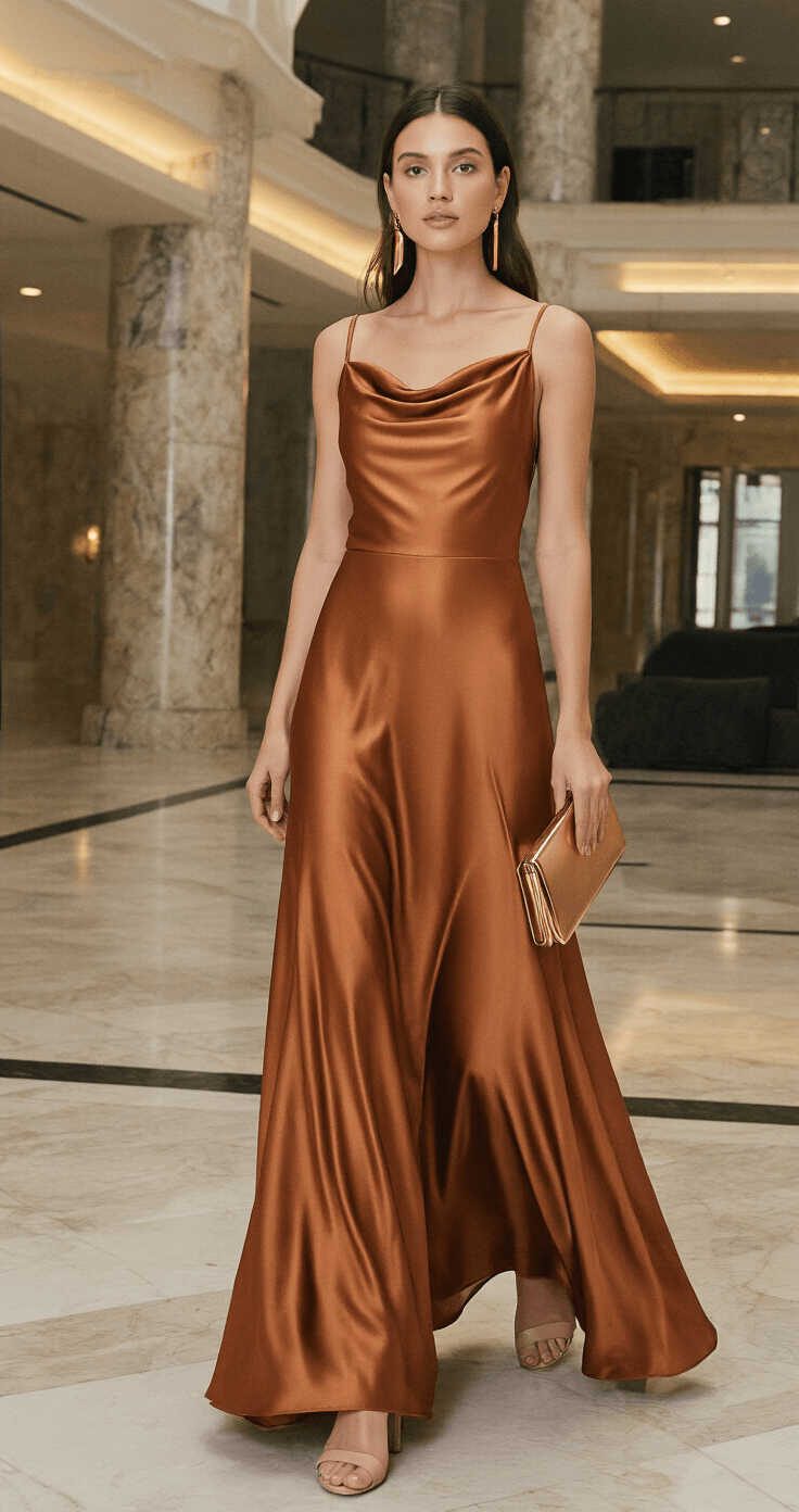 A woman in a copper-toned satin maxi dress with a cowl neckline and nude closed-toe heels stands in a contemporary hotel lobby with marble floors, where architectural lighting dramatically highlights her outfit. She accessorizes with bronze statement earrings and a sleek metallic clutch, captured from a slight elevation showcasing the full ensemble.