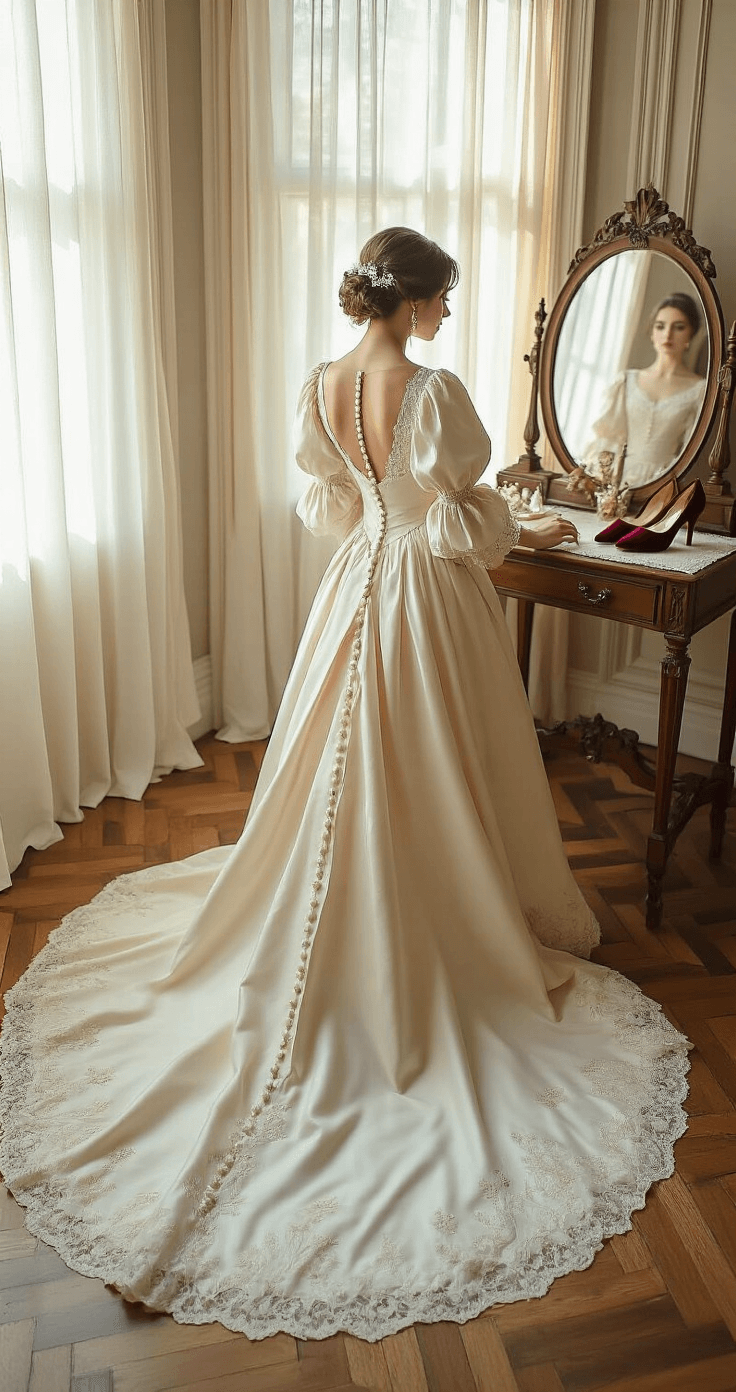 FALL WEDDING DRESSES: YOUR COMPLETE GUIDE TO AUTUMN BRIDAL STYLE An intimate Victorian-style dressing room featuring a model in a cream brocade wedding gown with bishop sleeves, pearl buttons, and a dramatic train, surrounded by wedding accessories like gold leaf hair pins, pearl drop earrings, and burgundy velvet shoes, illuminated by soft morning light.
