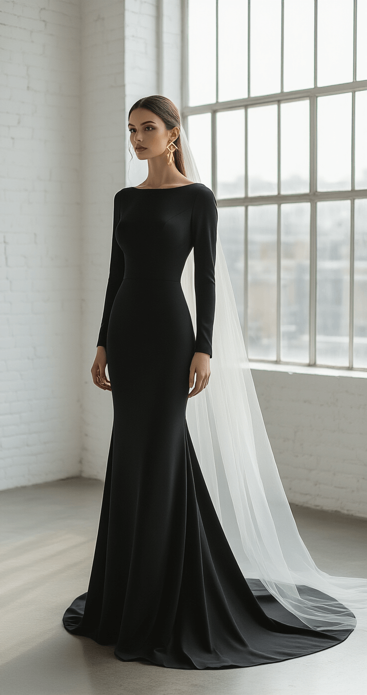 FALL WEDDING DRESSES: YOUR COMPLETE GUIDE TO AUTUMN BRIDAL STYLE Modern minimalist bridal studio featuring a black wedding dress on a sleek dress form, with geometric gold jewelry and a silk tulle veil, illuminated by soft afternoon overcast light through floor-to-ceiling windows. Clean composition with white walls and concrete floors.
