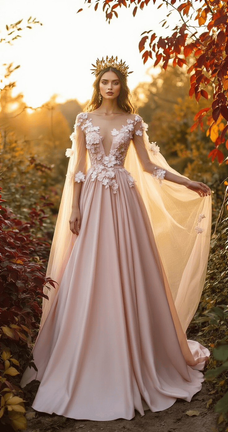 FALL WEDDING DRESSES: YOUR COMPLETE GUIDE TO AUTUMN BRIDAL STYLE A model in a blush pink silk A-line gown with sheer sleeves and 3D floral appliques stands in a cozy autumn garden at sunset, wearing a gold leaf crown and a champagne tulle cape that billows in the breeze, surrounded by rich burgundy and amber foliage. The photo is shot from below, highlighting the movement and ethereal backlighting.