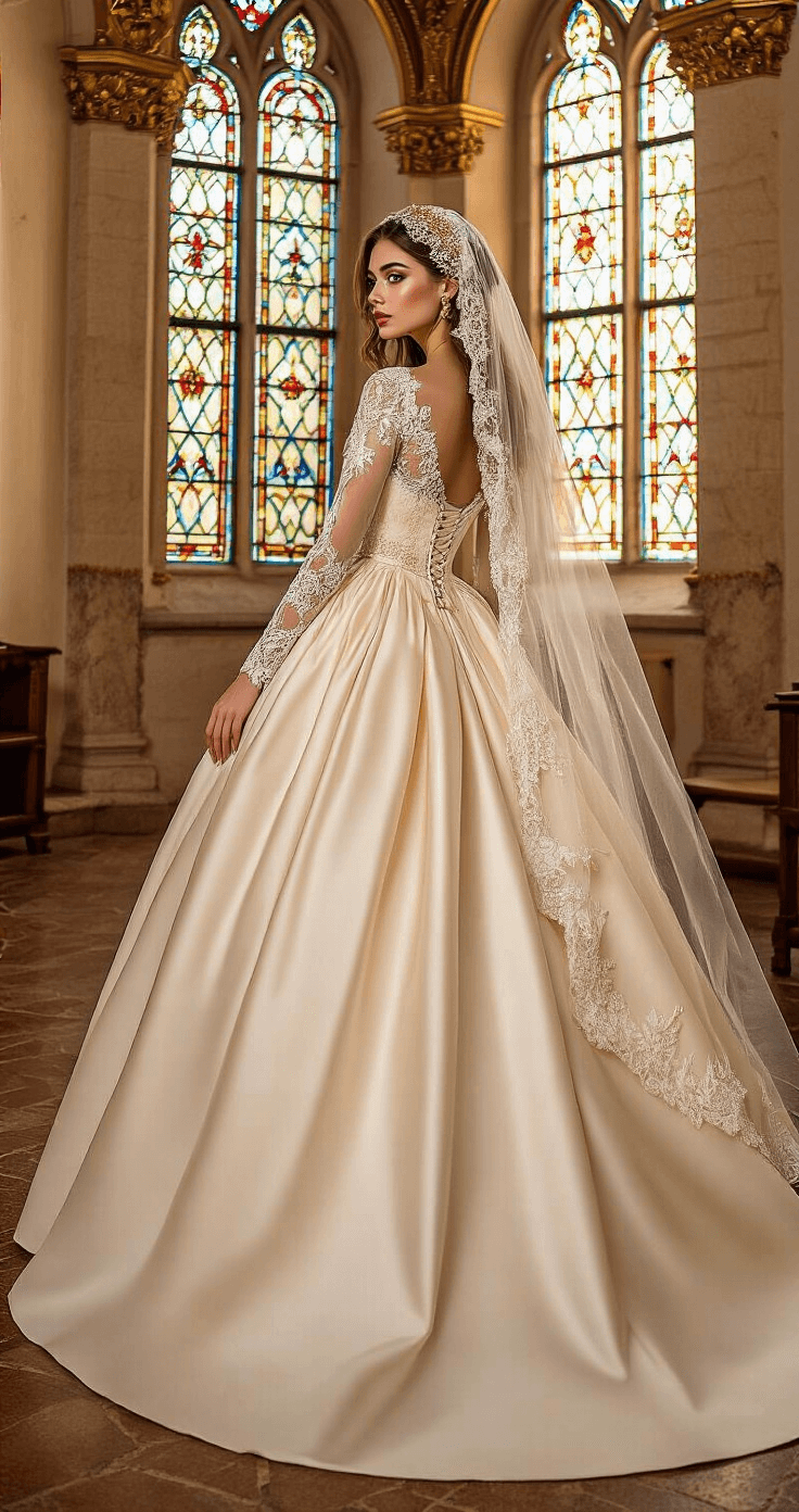 FALL WEDDING DRESSES: YOUR COMPLETE GUIDE TO AUTUMN BRIDAL STYLE A model in a warm ivory ball gown with a silk skirt and ornate brocade bodice stands in a historic chapel, sunlight filtering through stained glass windows and casting colorful light patterns. She wears a cathedral veil with vintage lace and a gold filigree headpiece, as the wide-angle shot captures the intricate architectural details and the flowing movement of her dress.