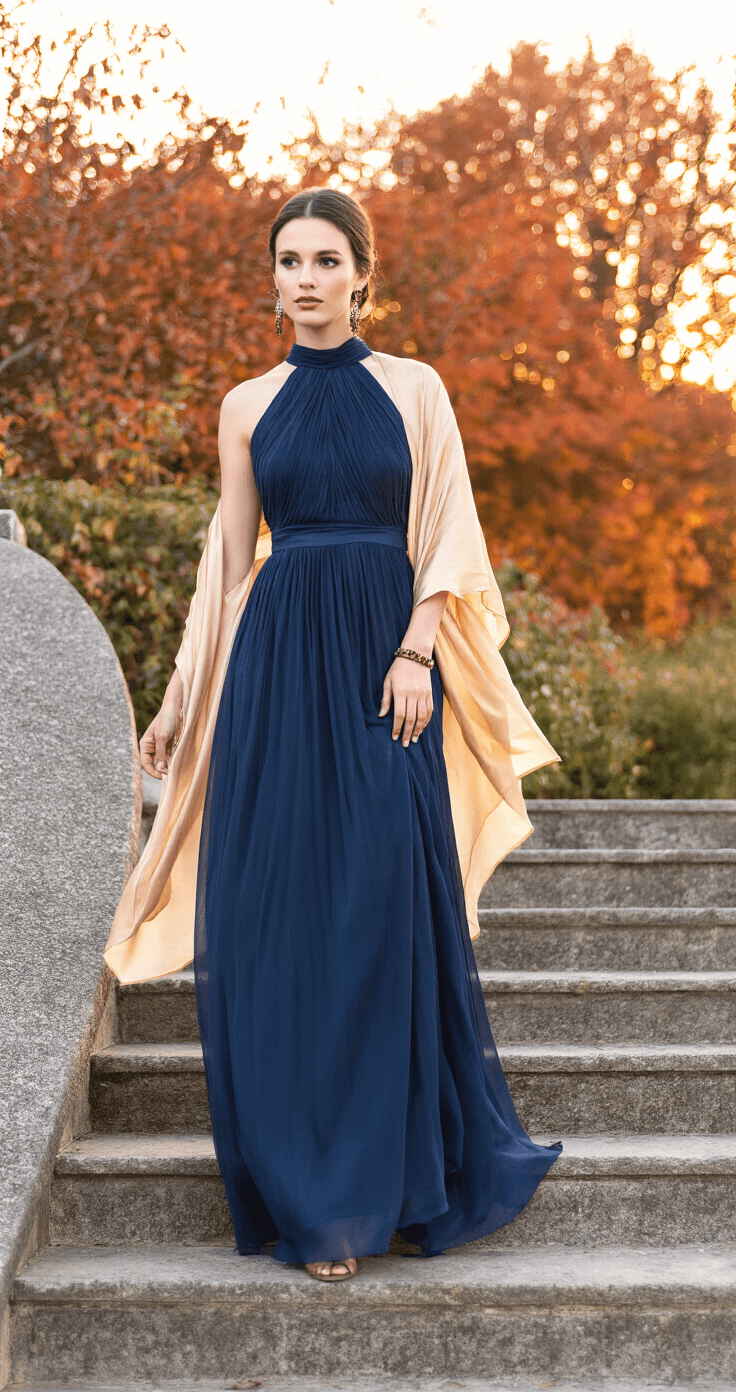 An elegant garden venue at dusk showcases a model in a navy blue high-neck maxi dress with delicate pleating, gracefully ascending stone steps. She wears a champagne-colored silk shawl and antique bronze jewelry that glimmers in the sunset. The backdrop features vibrant autumn foliage in burnt orange and deep red, illuminated by professional lighting for an atmospheric glow.