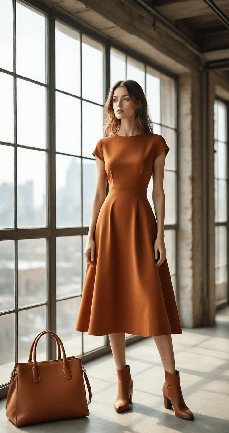 A model stands in a modern loft with floor-to-ceiling windows, wearing a rust-colored A-line dress and brown suede ankle boots. A camel leather handbag lies nearby, as autumnal colors contrast with the industrial decor. The image is captured from below eye level, highlighting the dress's movement.