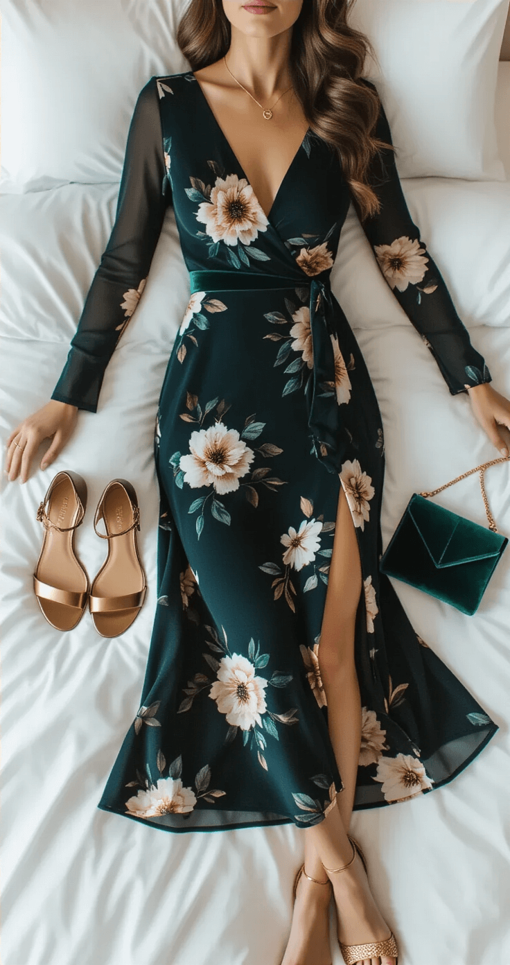 A flat-lay view of a dark floral midi dress with long sleeves laid on a plush white bed, accompanied by bronze heeled sandals, delicate gold jewelry, and a deep green velvet clutch, all illuminated by soft, diffused lighting during blue hour.
