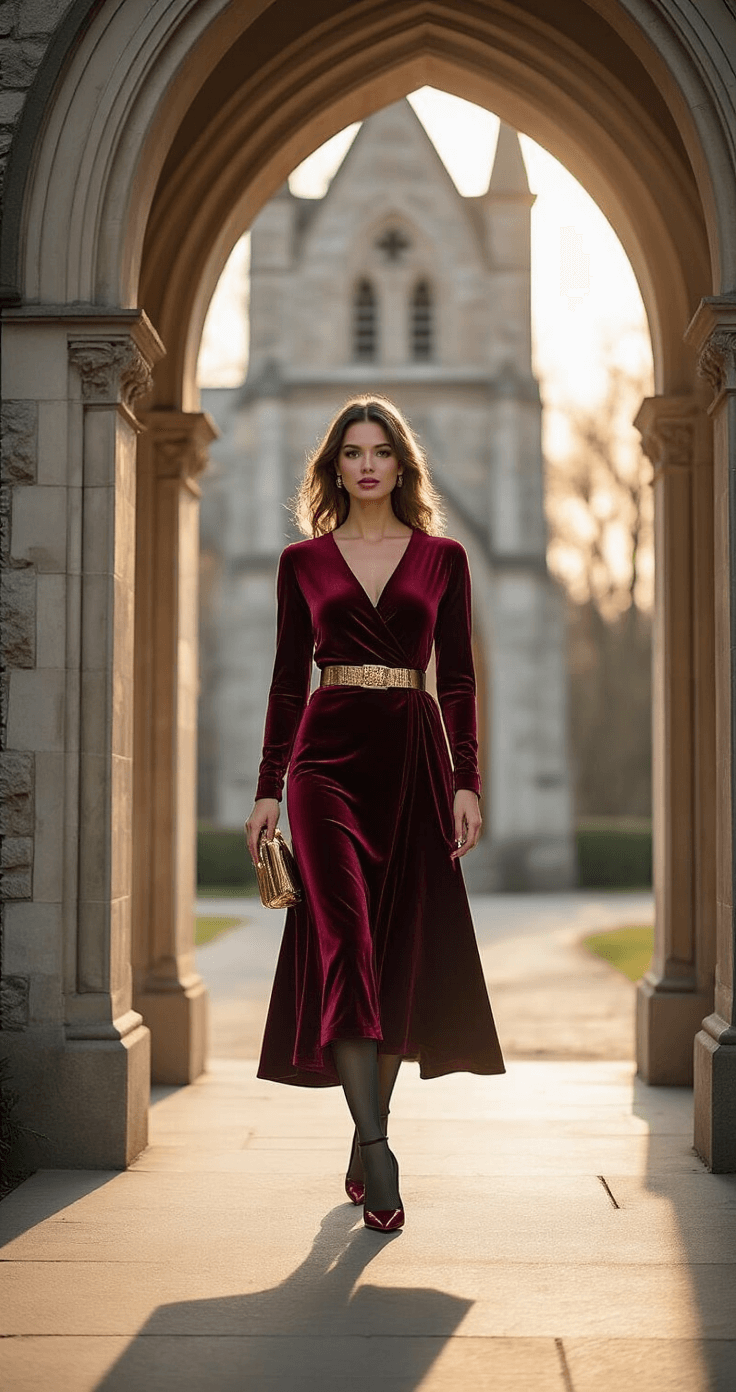 A model walks through an archway of a historic chapel during magic hour, wearing a luxurious wine-red velvet wrap dress with sheer black tights and block heel pumps, accented by a metallic gold belt and matching clutch, all beautifully illuminated by natural backlighting.