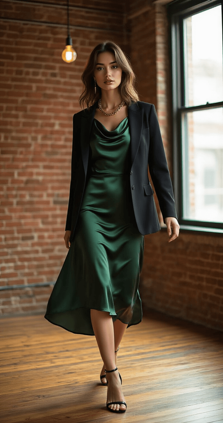 A model in a forest green satin midi dress layered with a fitted black blazer moves gracefully in a cozy indoor venue with exposed brick walls, illuminated by warm artificial lighting and natural window light, creating a soft bokeh effect.