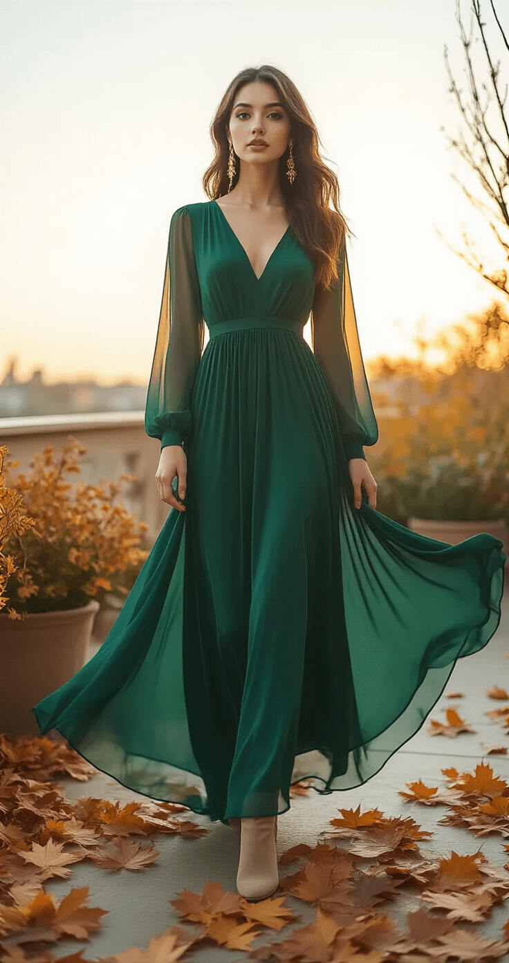 A model in an emerald green chiffon maxi dress stands on an autumn garden terrace at magic hour, surrounded by scattered amber and rust maple leaves. The dress sways in the breeze, while vintage gold earrings glisten in the light. Nude suede ankle boots are visible beneath the hem, and the low-angle shot captures the ethereal glow from natural backlighting.