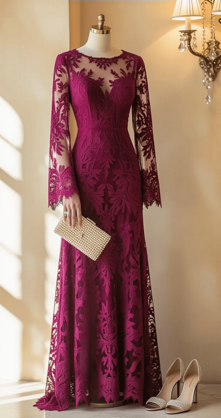 An elegant bridal boutique corner featuring a rich magenta lace-detailed maxi dress hanging against a cream wall, surrounded by pearl drop earrings, a beaded clutch, and metallic block heels, all softly illuminated by warm crystal sconces.