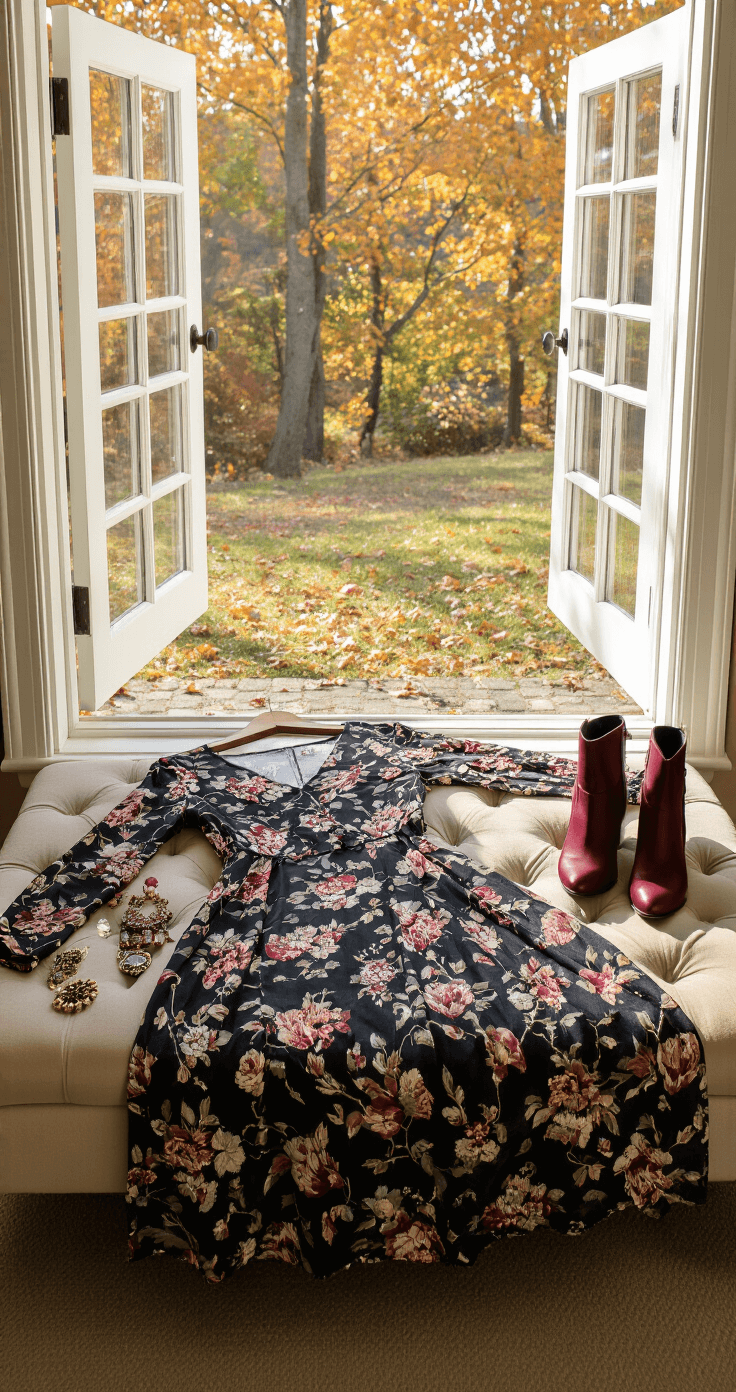 A cozy master bedroom with French doors leading to autumn scenery, showcasing a dark floral dress on a tufted velvet bench, highlighted by morning light. Nearby, burgundy ankle boots and vintage-inspired jewelry are arranged thoughtfully, captured from above in a medium format style.