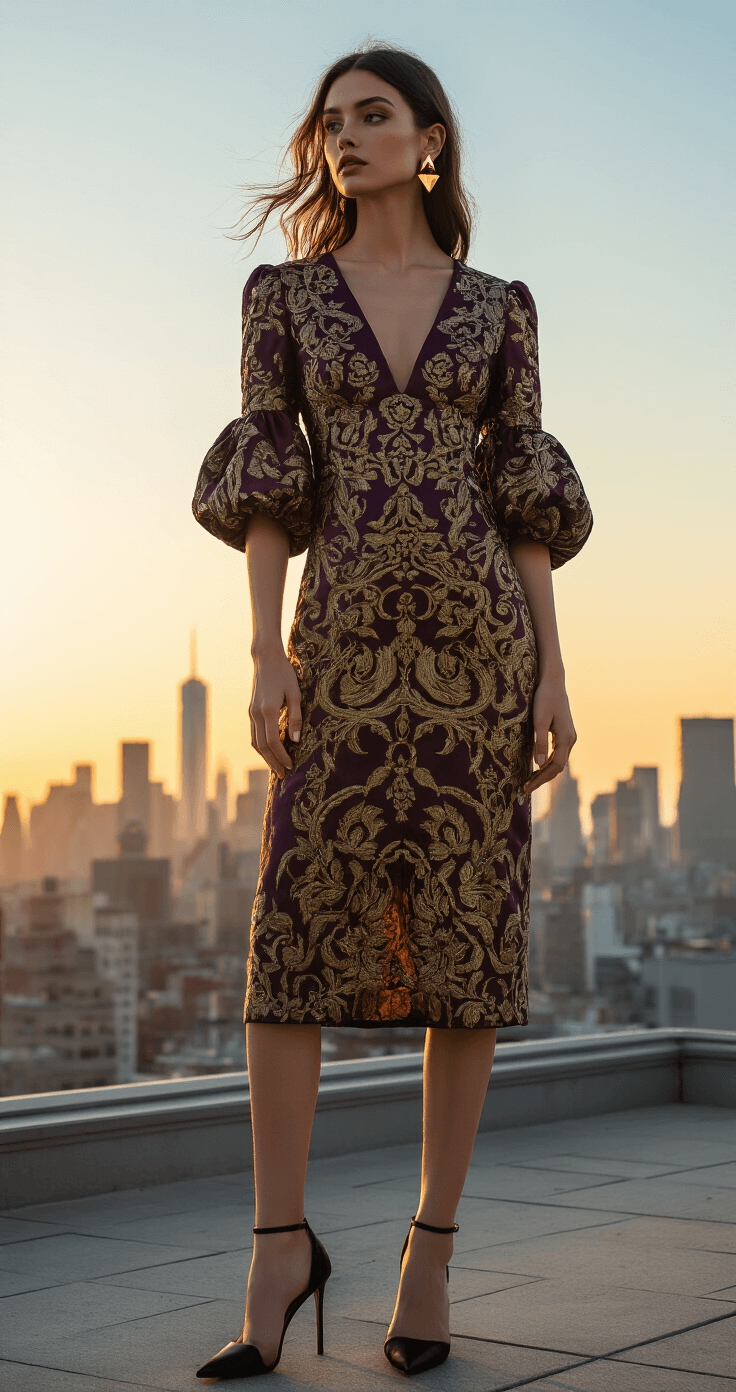 A model in a deep jewel-toned brocade midi dress with structured sleeves poses on an urban rooftop at sunset, with a dramatic city skyline in the background. Golden light highlights the fabric's texture as wind creates subtle movement in the dress. She wears geometric gold jewelry and classic black heels, captured from street level for a dynamic perspective.