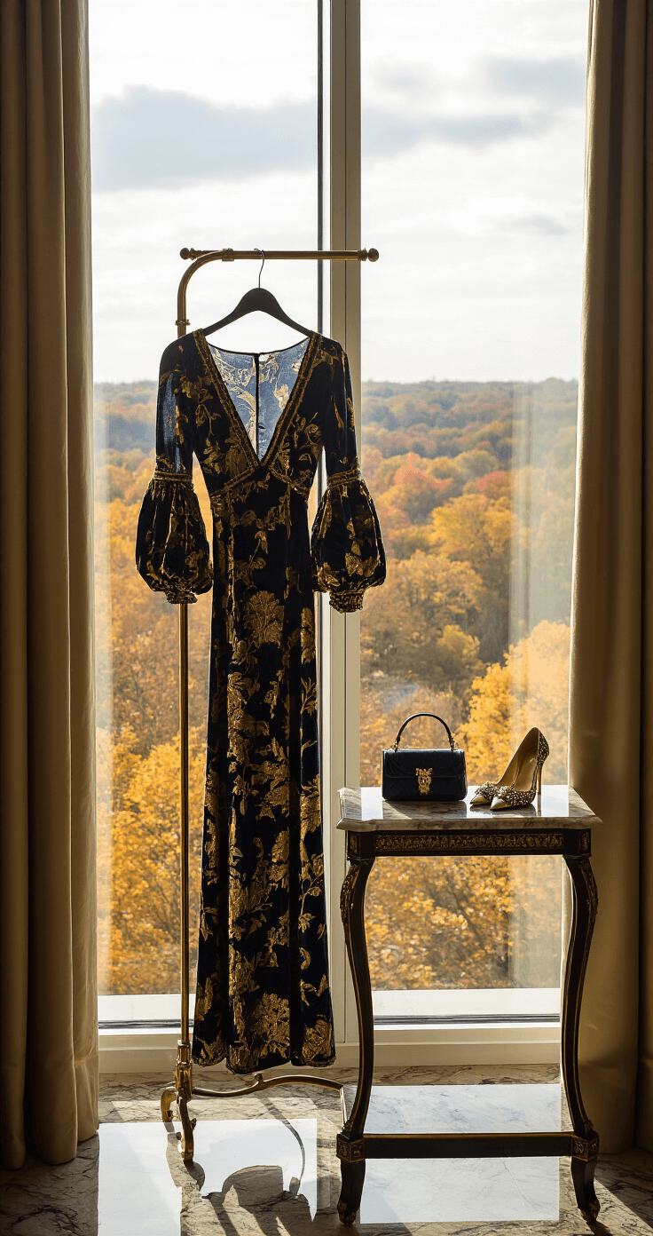 Luxurious hotel suite featuring a navy and gold printed velvet dress on an ornate dressing screen, with floor-to-ceiling windows showcasing fall foliage. A marble-top dresser displays designer accessories including embellished pumps and a vintage evening bag, all illuminated by dramatic late afternoon light.