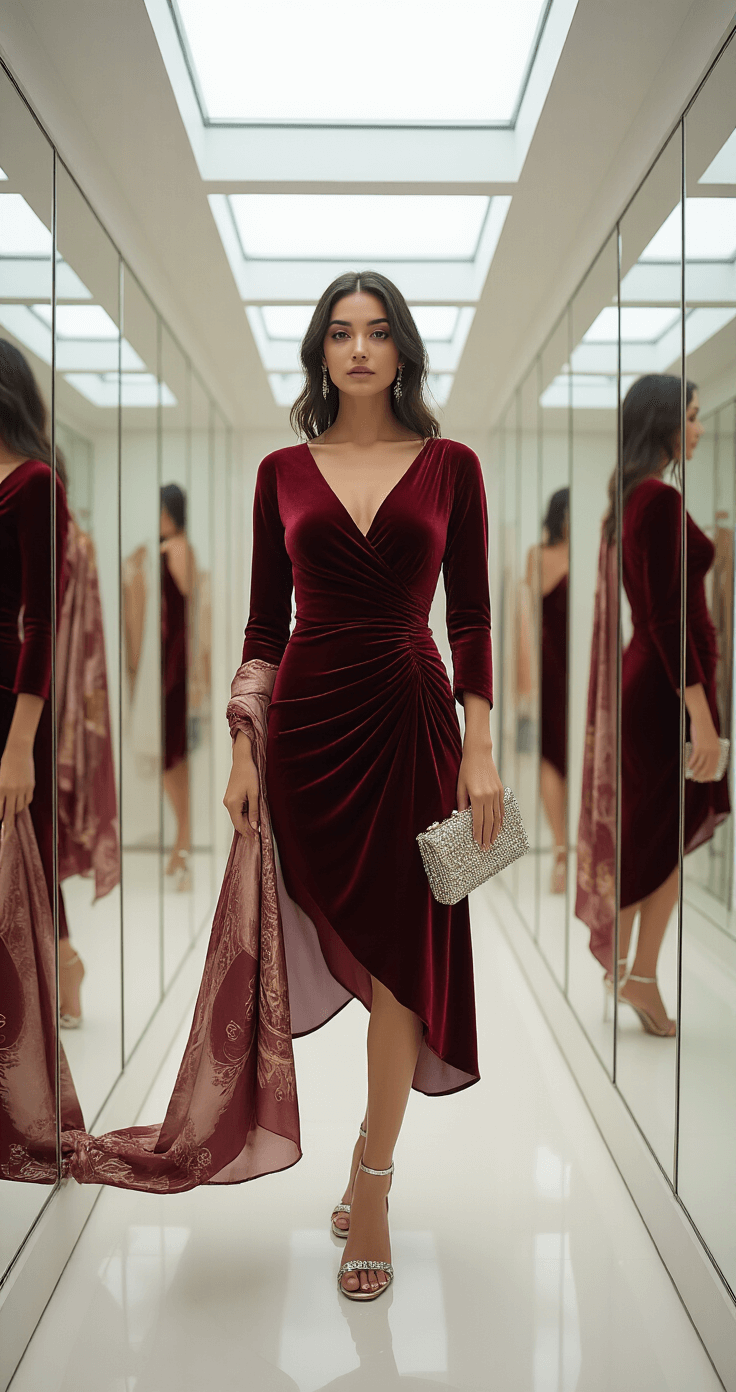 A woman in a knee-length burgundy velvet dress stands in a bright, modern dressing room with floor-to-ceiling mirrors, showcasing the dress's rich texture. Natural daylight from skylights highlights the scene, which includes a crystal-embellished clutch, metallic sandals, and a silk shawl in complementary tones.