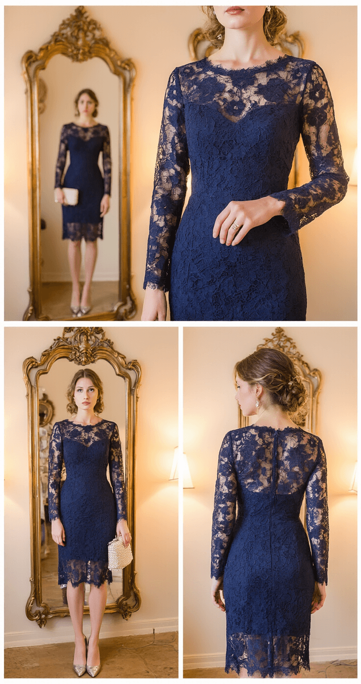 Fall Wedding Guest Style: Your Ultimate Guide to Cocktail Dress Shopping Vintage-inspired boutique dressing room featuring ornate mirrors and warm lighting, showcasing a model in a navy blue lace cocktail dress with long sleeves. The scene highlights antique brass fixtures, soft light illuminating the intricate lace details, complemented by metallic silver pumps and a pearl-embellished clutch.