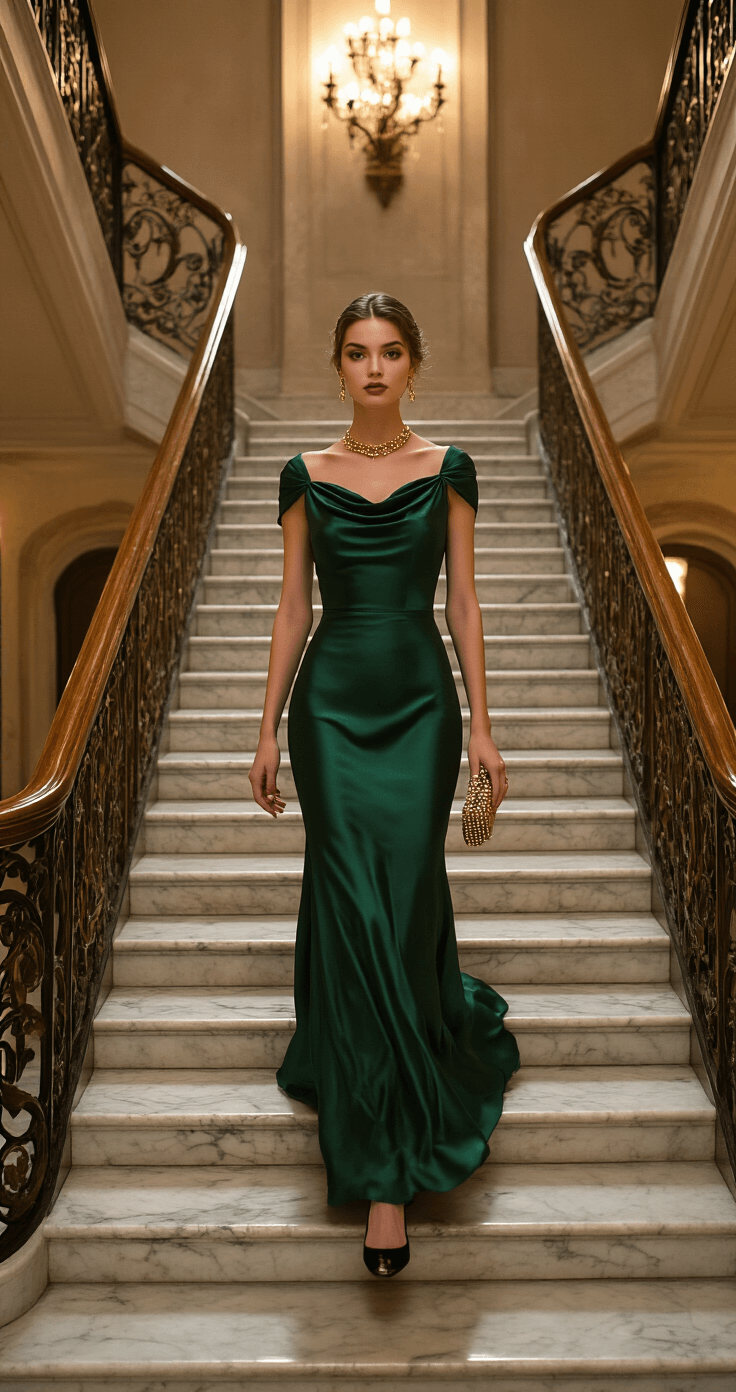 Fall Wedding Guest Style: Your Ultimate Guide to Cocktail Dress Shopping A model in a forest green silk cocktail dress descends a historic hotel staircase with marble steps and ornate railings, showcasing the movement of the dress. The delicate gold necklace glimmers under crystal sconces, complemented by black suede heels and a beaded clutch, all captured in an evening setting that emphasizes sophistication.