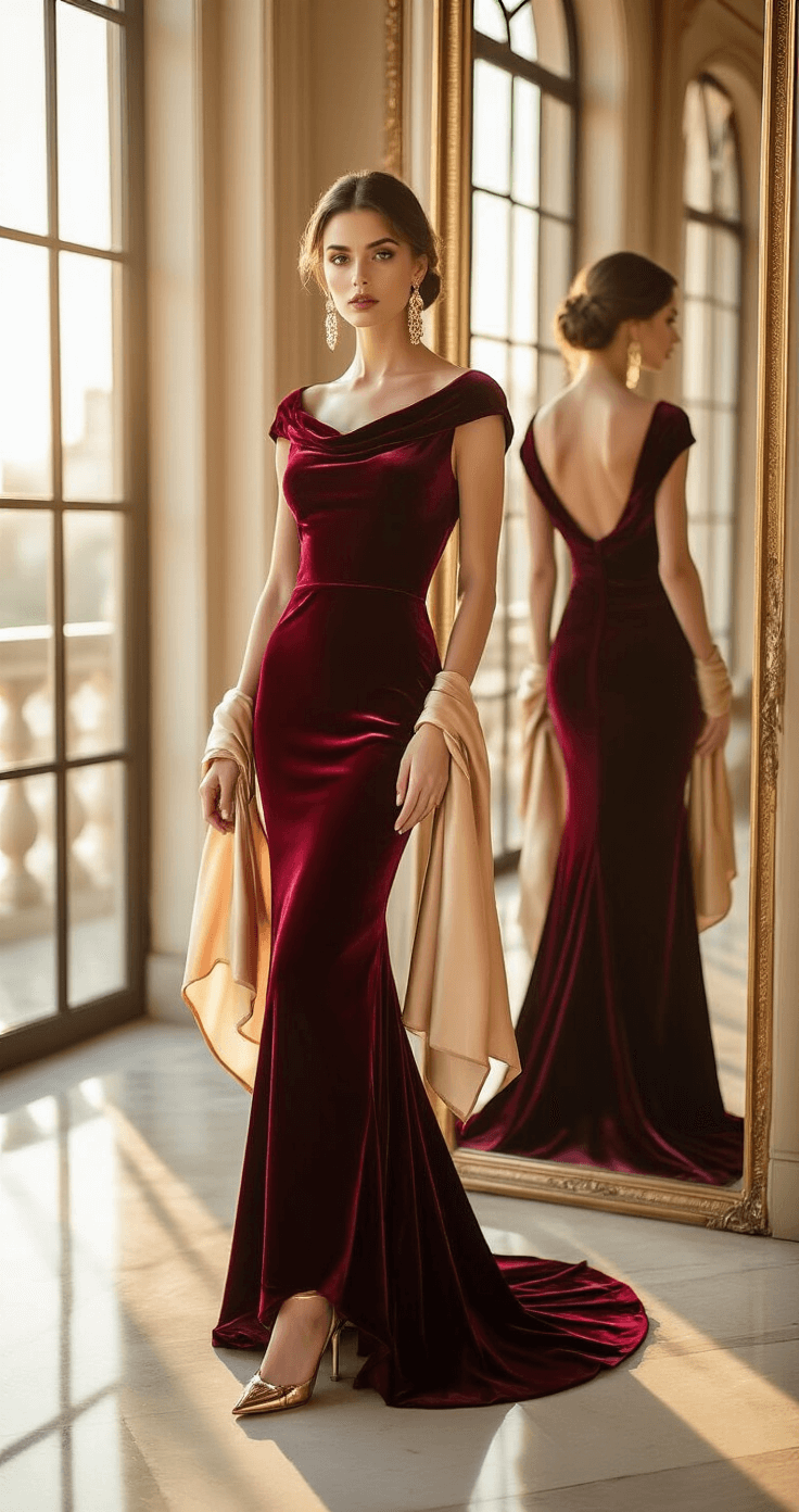 Sophisticated woman in a burgundy velvet gown poses by ornate mirrors in an elegant hotel ballroom, golden hour light streaming through large windows, hair in a classic updo, vintage gold earrings, and a champagne silk wrap draped over her arms.