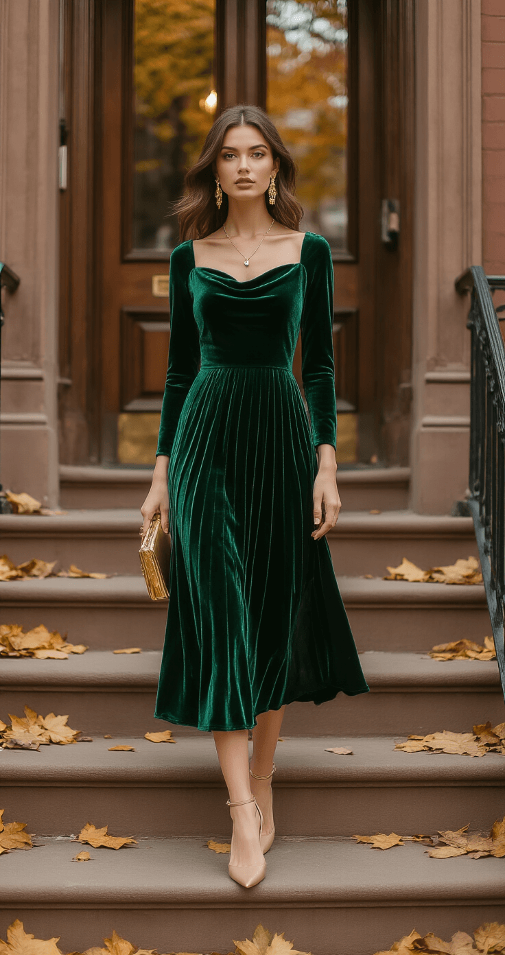 The Perfect Fall Wedding Guest Dress A slim model in an emerald green velvet midi dress stands in a historic brownstone entryway during golden hour, with natural light accentuating the fabric's texture. She wears gold statement earrings and a delicate necklace, with nude stilettos and a structured gold clutch. Autumn leaves scatter the steps behind her, captured with dreamy bokeh in the background.