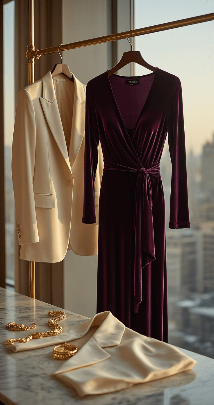 The Perfect Fall Wedding Guest Dress A minimalist hotel suite featuring floor-to-ceiling windows and warm interior lighting. A plum-colored velvet gown hangs on a brass rack, while a cream silk blazer and gold accessories are arranged on a marble counter, creating elegant shadows. The image has a soft-focus effect.