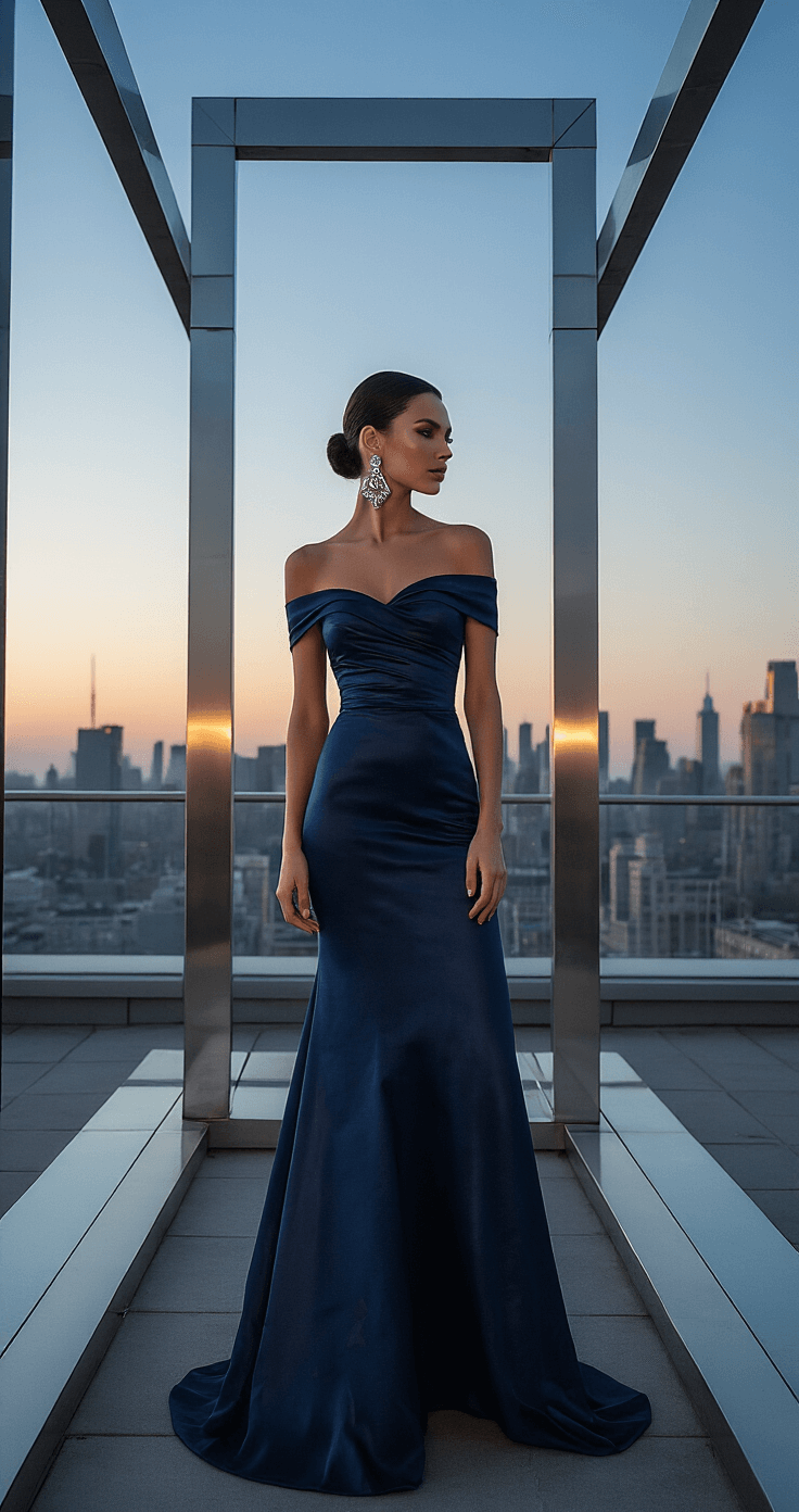 The Perfect Fall Wedding Guest Dress Model in a navy satin off-shoulder gown with an architectural neckline stands in profile on a contemporary rooftop terrace during blue hour, showcasing statement silver earrings and a sleek updo against a city backdrop with chrome and glass architectural elements.