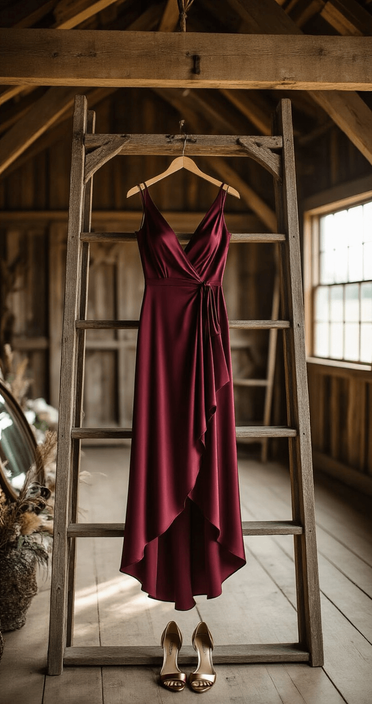The Perfect Fall Wedding Guest Dress A burgundy silk wrap dress hanging from a vintage ladder in a rustic-luxe barn, with morning light streaming through wooden beams; bronze accessories and metallic heels arranged below, reflected in an antique mirror for added depth, surrounded by natural materials and rich fabrics.