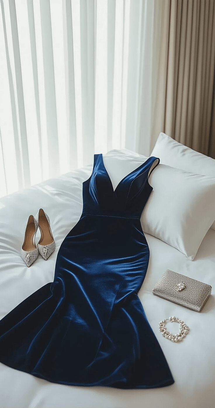 A close-up of a navy blue silk velvet tea-length dress elegantly arranged on a pristine white king bed, surrounded by crystal-embellished pumps, vintage pearl earrings, a delicate silver bracelet, and a metallic clutch. The scene is bathed in soft morning light filtering through sheer white curtains, captured overhead with a 50mm prime lens.