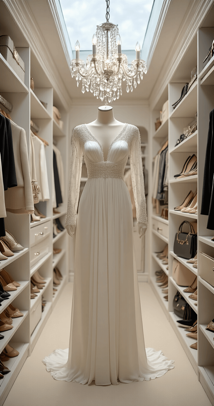 Luxurious walk-in closet featuring a winter white gown on a mannequin, designer shoes and handbags neatly arranged, illuminated by ambient afternoon light from a skylight and a sparkling crystal chandelier.