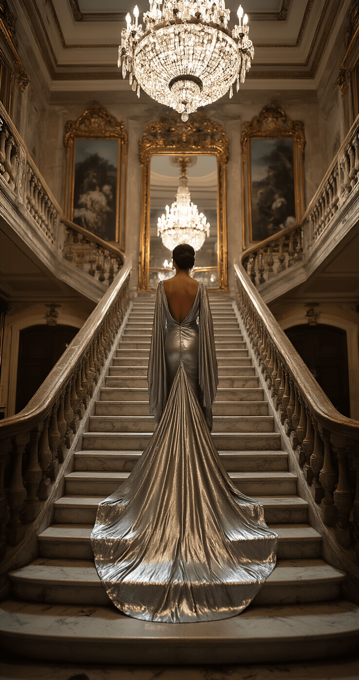 A model in a metallic silver full-length gown with a dramatic cape sleeve descends a grand marble staircase in a historic mansion ballroom, illuminated by ambient chandelier light and professional continuous lighting, while vintage art deco jewelry sparkles and heavy baroque mirrors reflect the scene, enhancing the atmosphere.