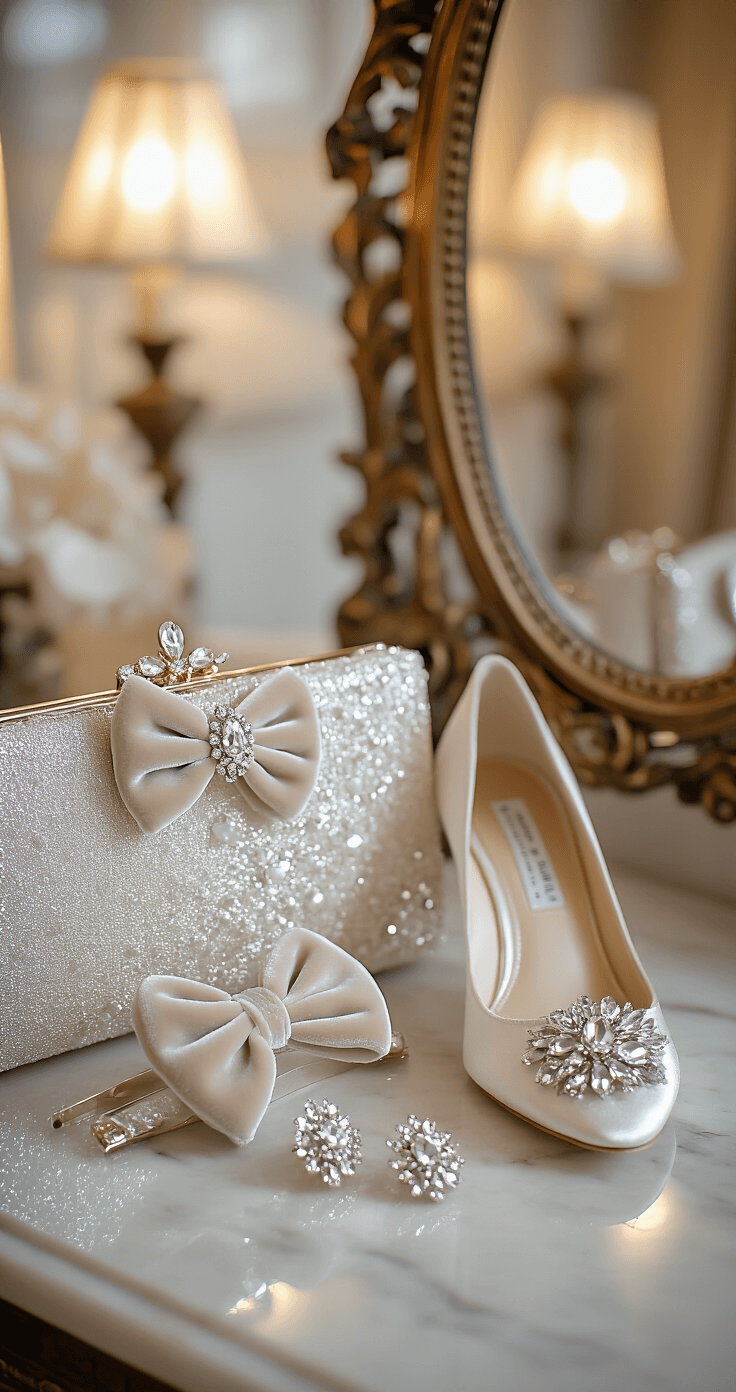 Close-up of winter wedding accessories on a marble vanity, featuring velvet bow hair clips, crystal-drop earrings, an embellished clutch, and satin heels, all in winter white and metallic tones, with an antique mirror reflecting warm evening lighting from vintage sconces.
