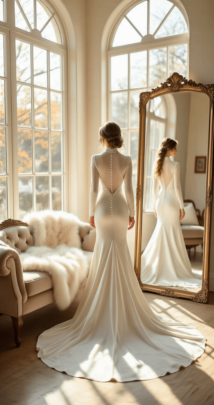 A bride admires herself in a luxurious long-sleeve velvet wedding gown with a high neck and button details, surrounded by sunlit boutique decor and a plush cream faux fur wrap on a velvet settee.