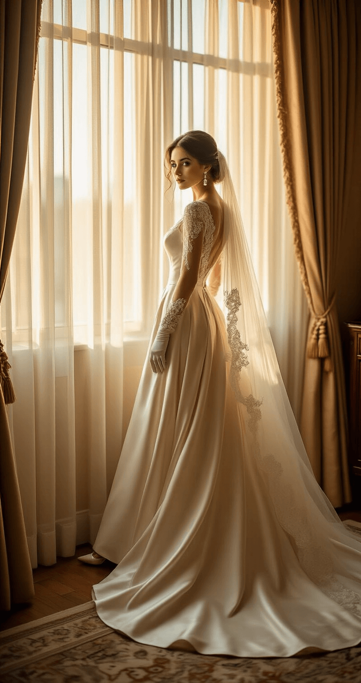Intimate scene of a winter bride in a vintage hotel suite, wearing a heavy silk A-line gown with lace sleeves, surrounded by elegant accessories including pearl-embellished heels, satin gloves, and a cathedral-length veil, illuminated by golden hour light.