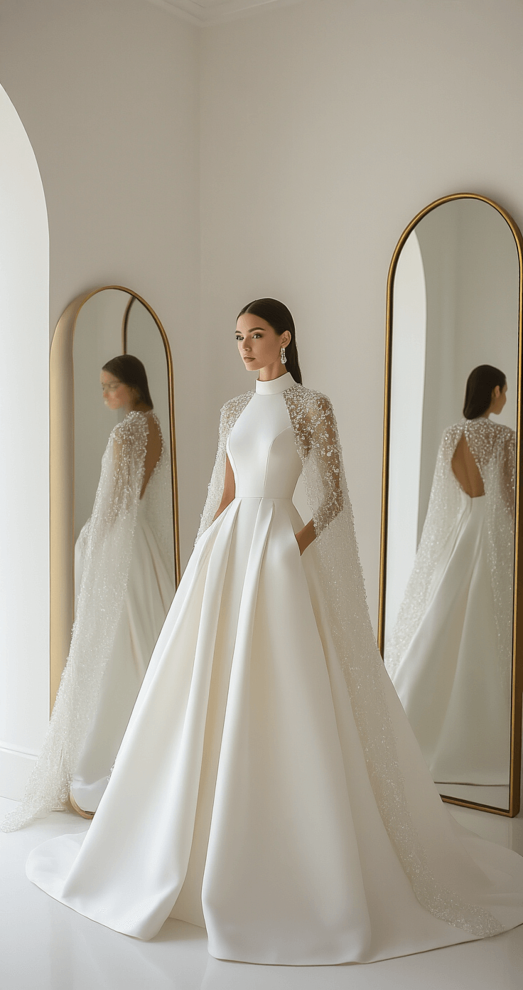 A model in a structured Mikado ball gown with high neckline and architectural pleating poses near a large arched mirror in a modern bridal salon corner with clean white walls and brass accents, complemented by a crystal-embellished cape, showcasing natural diffused lighting that highlights the gown's matte finish and clean lines.
