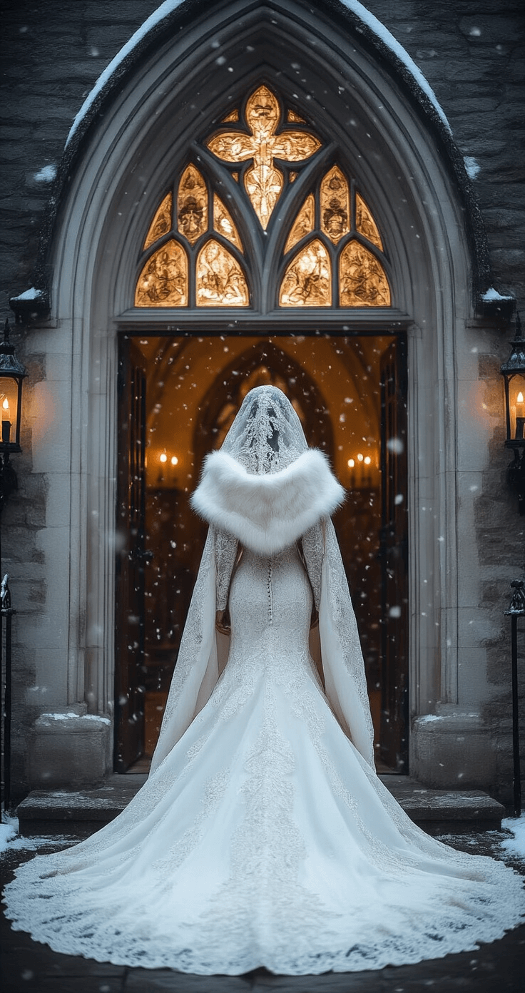 Ethereal church entrance at dusk, featuring soft snowfall visible through gothic windows. A bride in a royal-inspired brocade gown with long fitted sleeves and a dramatic train stands with a fur-trimmed hooded cape, illuminated by moody candlelight.