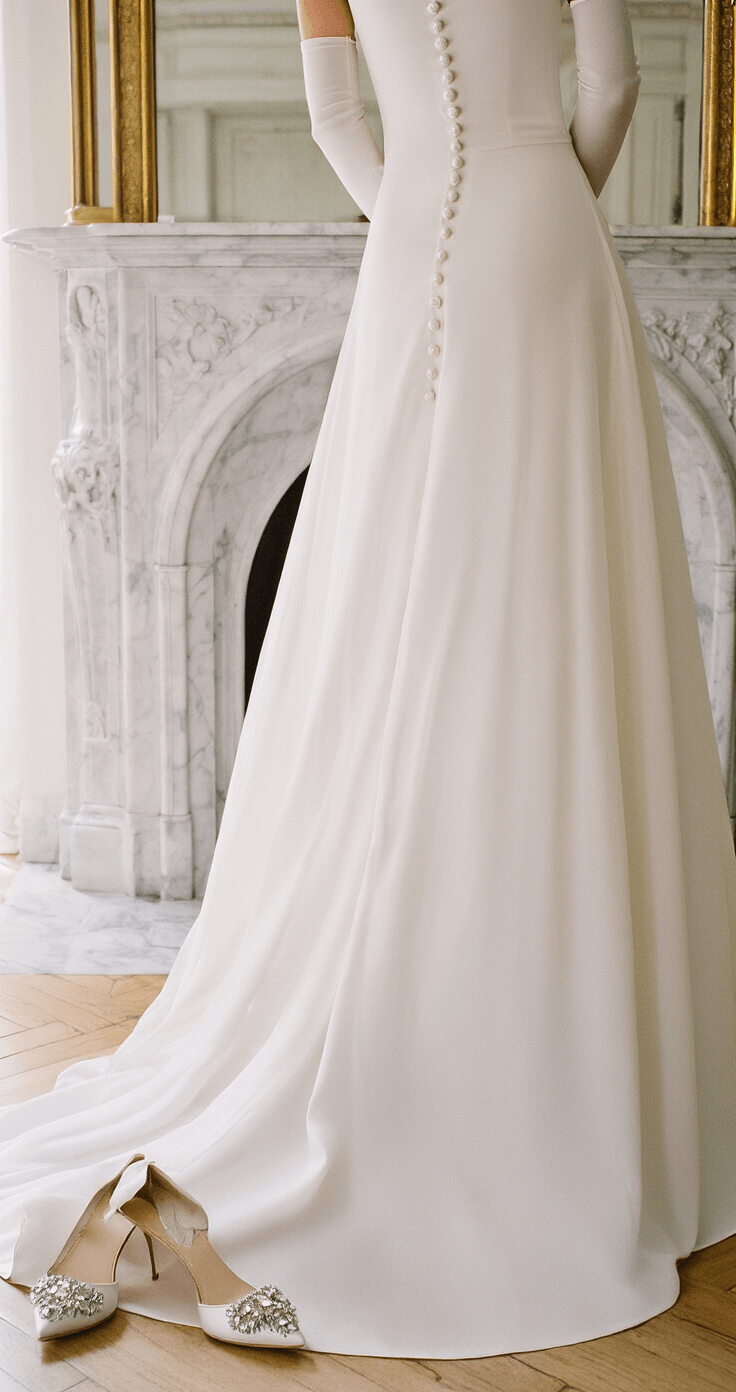 Close-up of a bride in a high-neck silk crepe gown with pearl buttons, showcasing a thermal slip at the hem, classic long gloves, and crystal-embellished closed-toe pumps, set against a minimalist bridal suite with a marble fireplace backdrop.