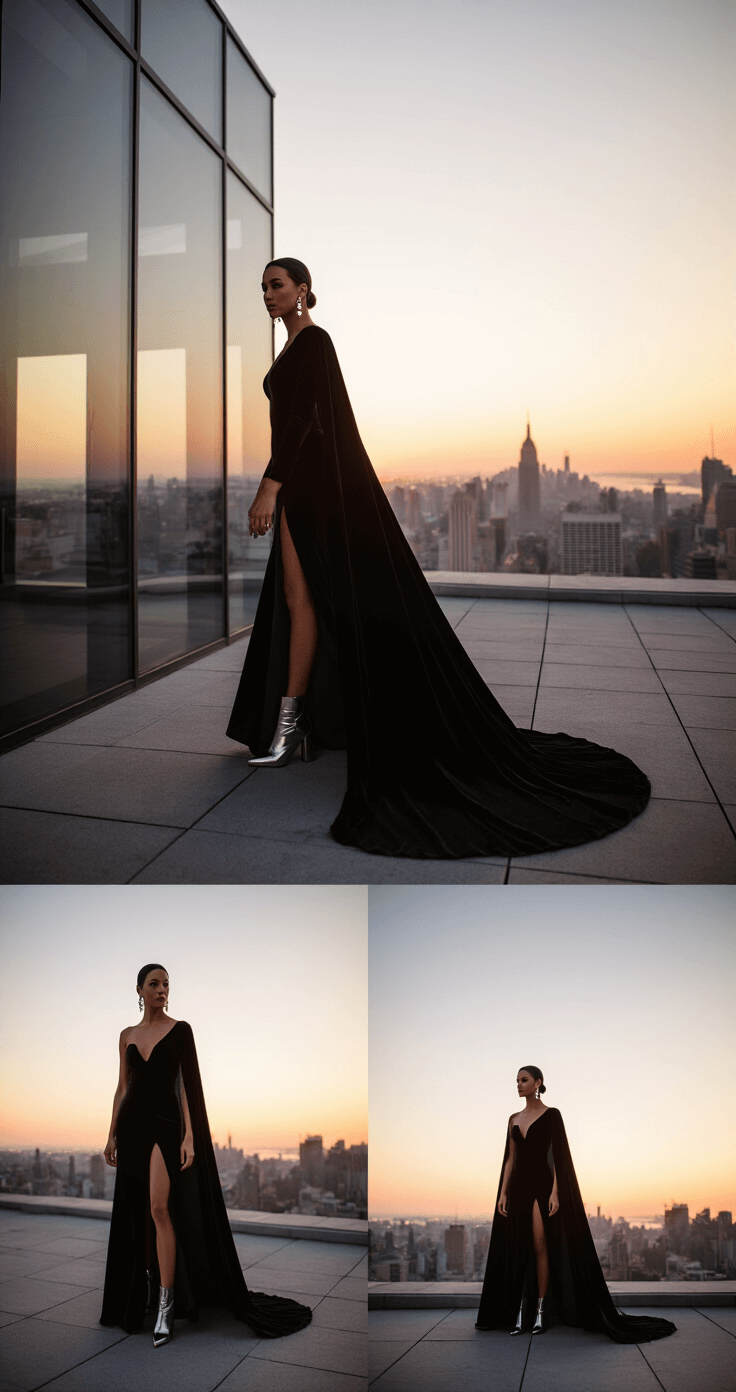 Bride in a fitted velvet gown with a dramatic cape stands in a contemporary rooftop venue at sunset, city skyline visible through floor-to-ceiling windows, showcasing metallic block-heel boots and pearl-drop earrings.